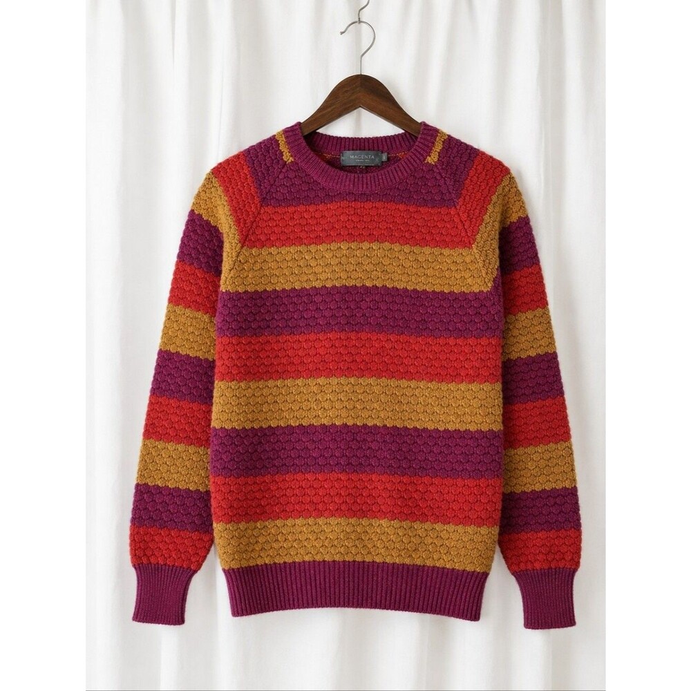 Magenta by Leslie Fay Vintage Colorful Striped Popcorn Knit Retro Preppy Sweater